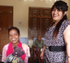 12 year old Nitu, with Sarita,(HH&H team) lost her hearing after an infection related to swimming in the local pond, as a small child. Again, she was not able to access hearing care.